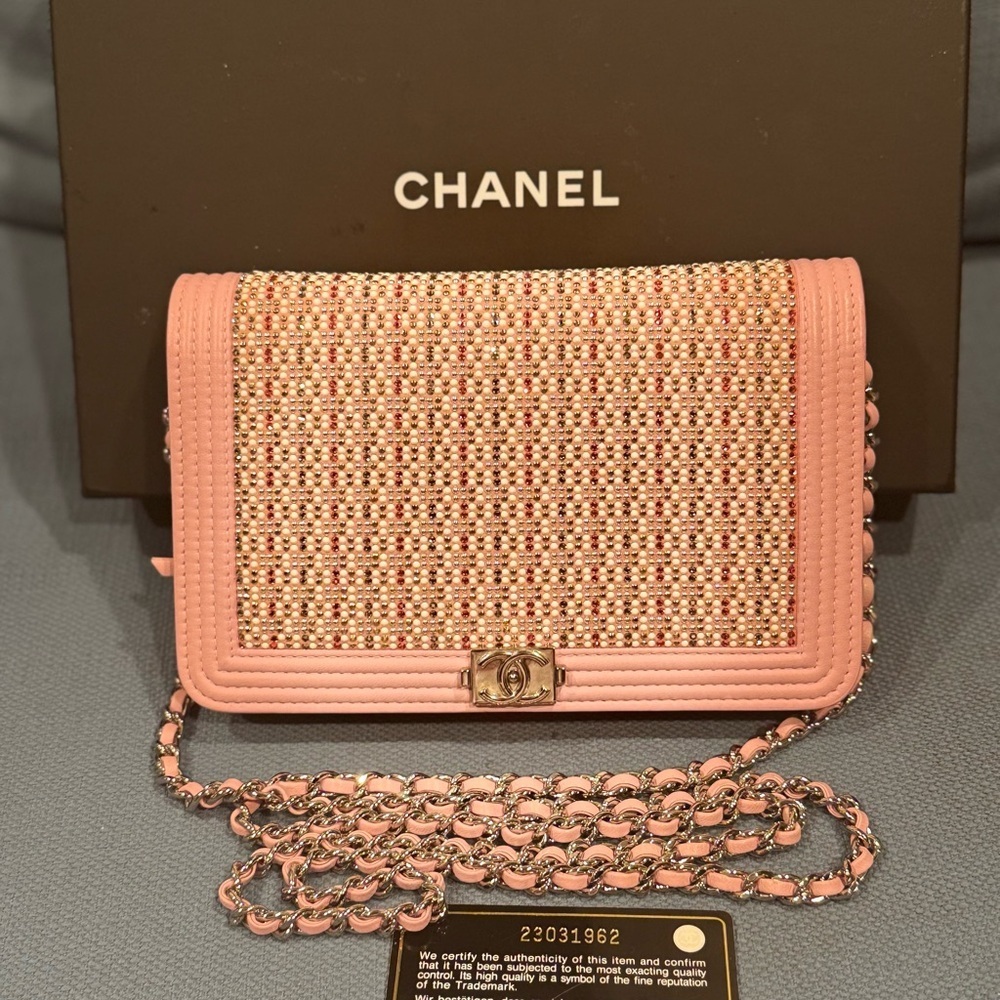 CHANEL Pink Crystal Boy WOC Lambskin Leather CC Crossbody Bag A80287 EUC COA LTD